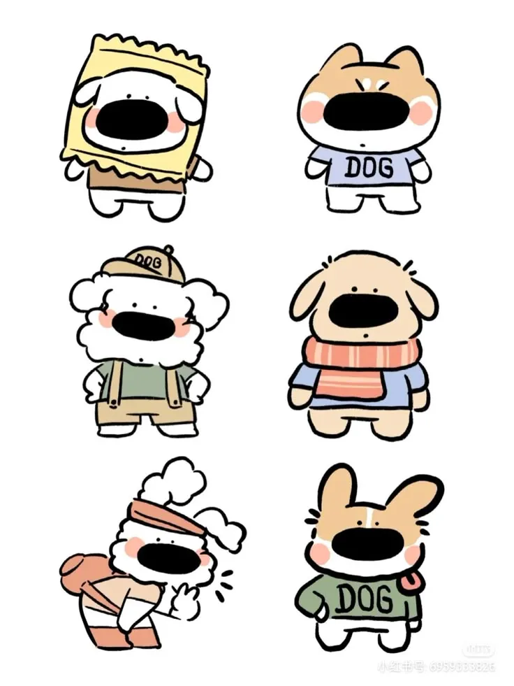 Chú chó chibi với nhiều phong cách và biểu cảm ngộ nghĩnh, từ ngạc nhiên đến vui vẻ
