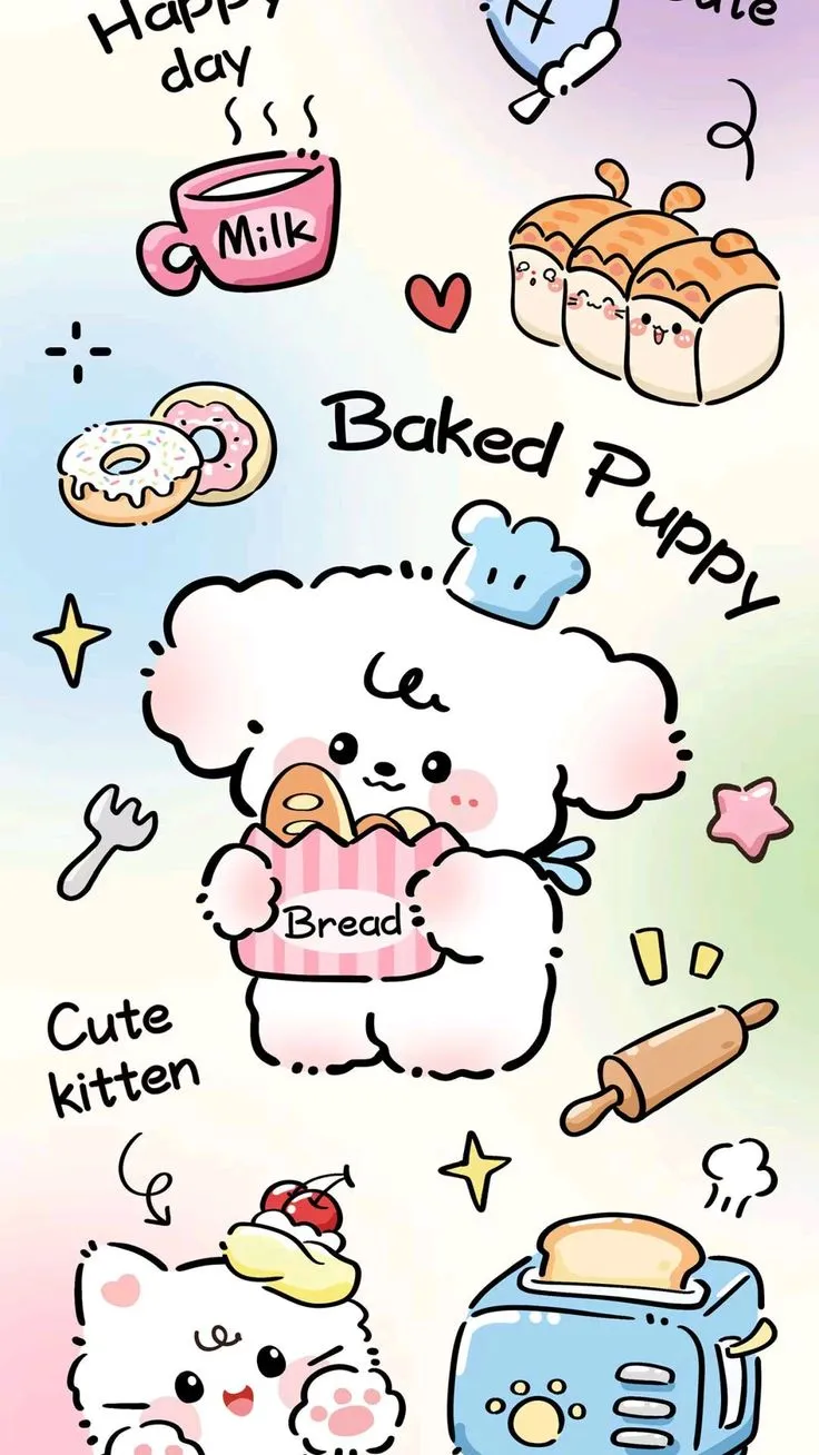 Chú chó chibi đầu bếp đang vui vẻ làm bánh, hình ảnh hoạt hình đáng yêu