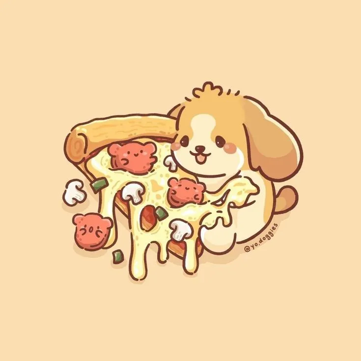 Chú chó chibi đáng yêu ngồi trên lát pizza khổng lồ, hình ảnh vui nhộn