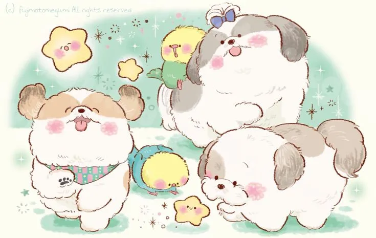 Hai chú chó chibi tròn trịa như cục bông đang ôm nhau, hình ảnh siêu dễ thương