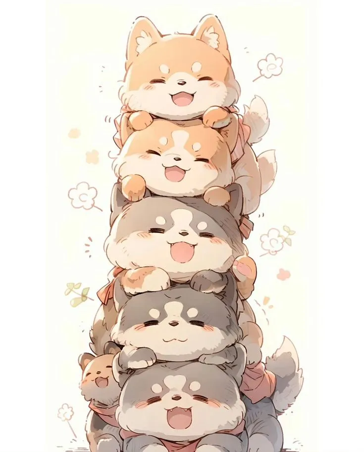 Tháp chó Shiba chibi chồng lên nhau một cách vững chắc, hình ảnh độc đáo
