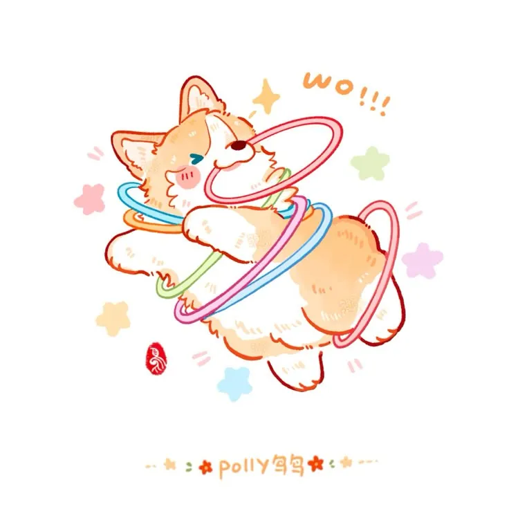 Chú Corgi chibi nhảy múa vui vẻ với những vòng tròn màu sắc, hình ảnh động