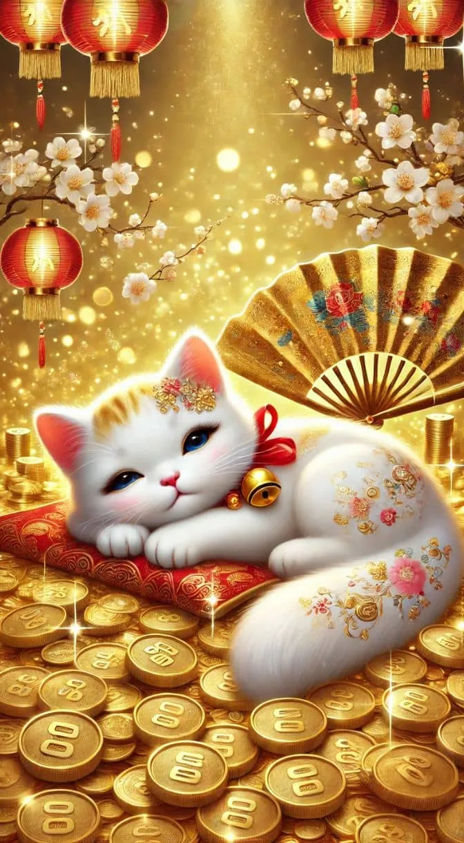 Hình ảnh mèo thần tài chibi đáng yêu với khuôn mặt tròn, mang lại niềm vui