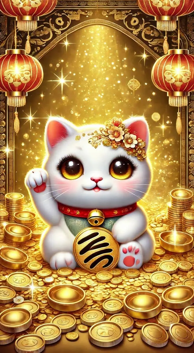 Mèo thần tài chibi tươi tắn, biểu cảm hài hước, thu hút tài lộc
