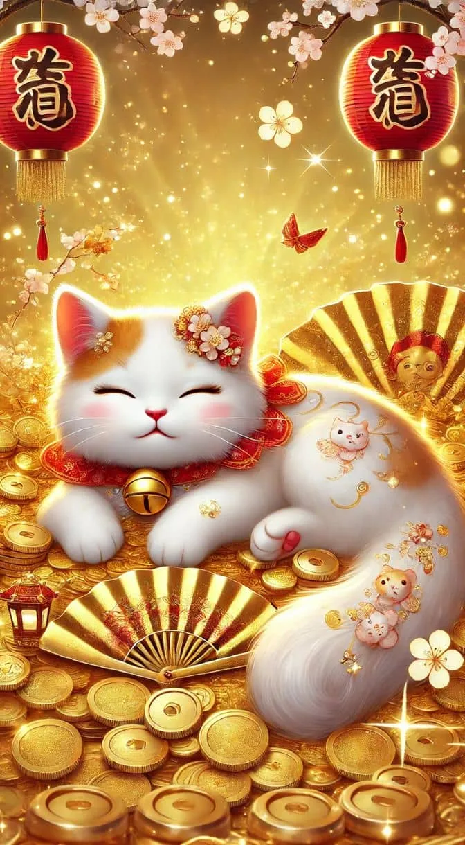 Hình ảnh mèo thần tài chibi ngộ nghĩnh, tạo không khí vui vẻ và may mắn