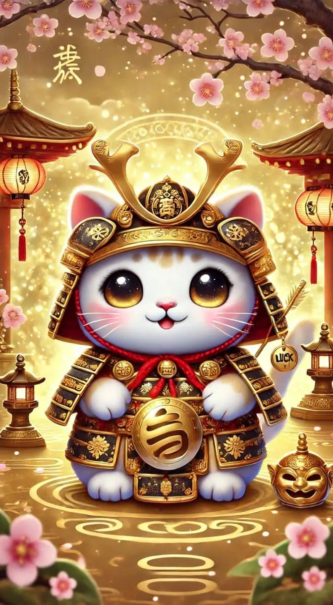 Hình ảnh mèo thần tài samurai oai vệ, mang lại sự bảo vệ và sức mạnh