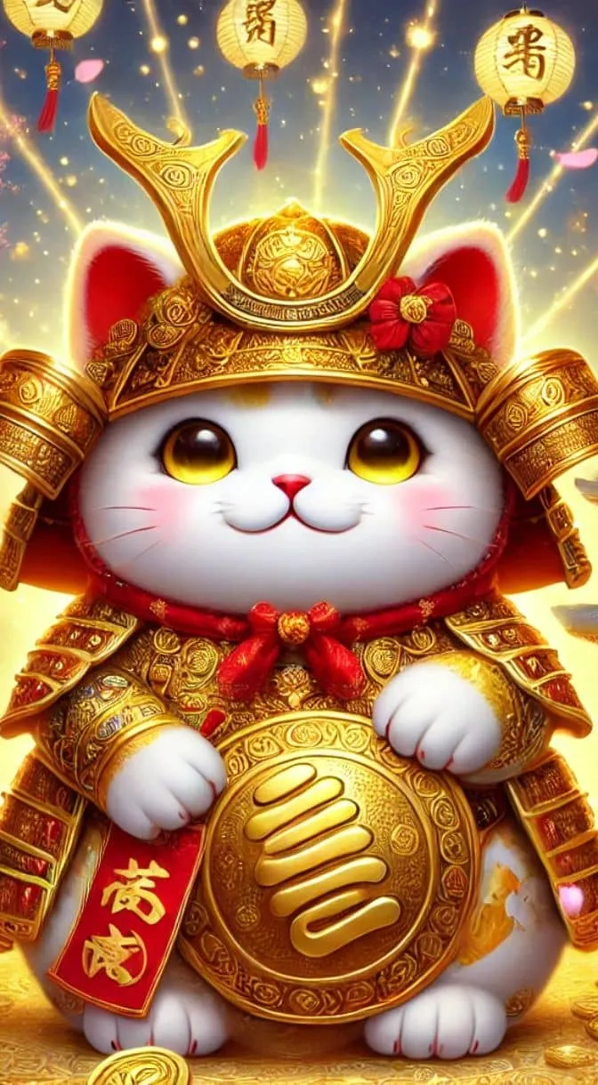 Mèo thần tài samurai với áo giáp và kiếm, biểu tượng của sự kiên cường