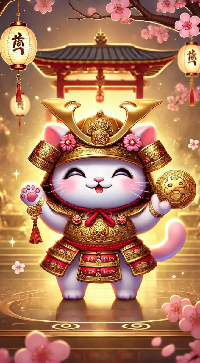 Hình ảnh mèo thần tài samurai đáng yêu nhưng mạnh mẽ, tạo nguồn năng lượng tích cực