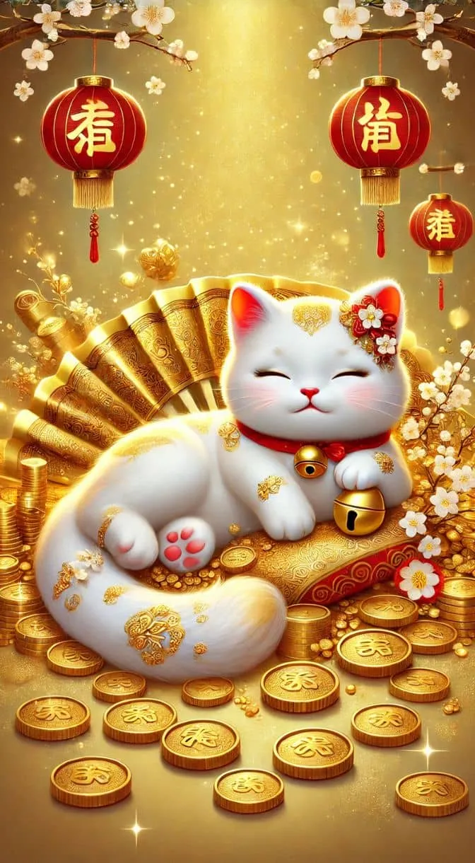 Hình ảnh mèo thần tài 4K với nụ cười rạng rỡ, tay vẫy chào đón may mắn
