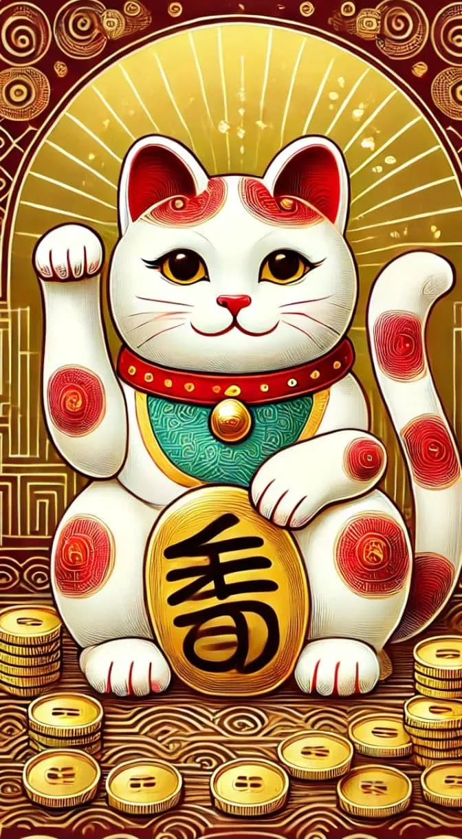 Hình ảnh mèo thần tài đuôi dài phong cách tối giản, tượng trưng cho sự phát triển không ngừng