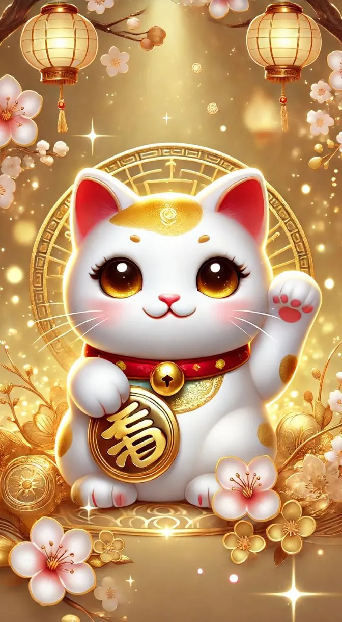 Mèo thần tài vàng rực rỡ ôm những đồng tiền lớn, mang tài lộc về nhà