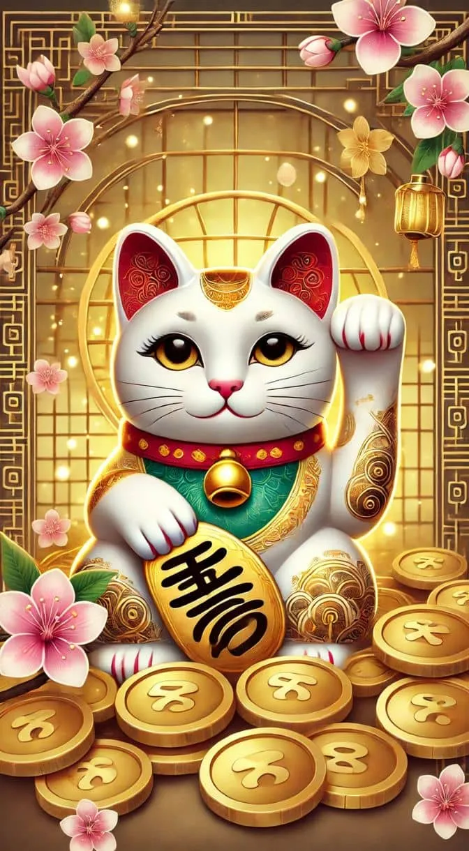 Hình ảnh mèo thần tài vẫy tay với nụ cười rạng rỡ, biểu tượng của sự may mắn