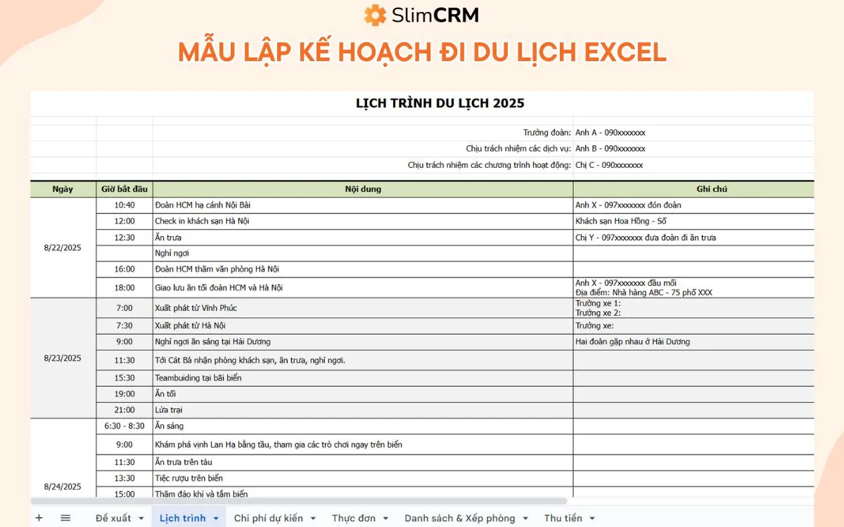 Mẫu lập kế hoạch đi du lịch excel