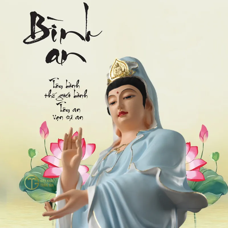 Phật Quan Âm ngồi trên hoa sen, biểu tượng của sự tinh khiết và giác ngộ