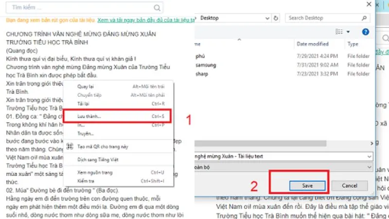Cửa sổ trình duyệt hiển thị tùy chọn &quot;Lưu trang thành...&quot; (Save as), minh họa cách lưu tài liệu 123doc dưới dạng HTML