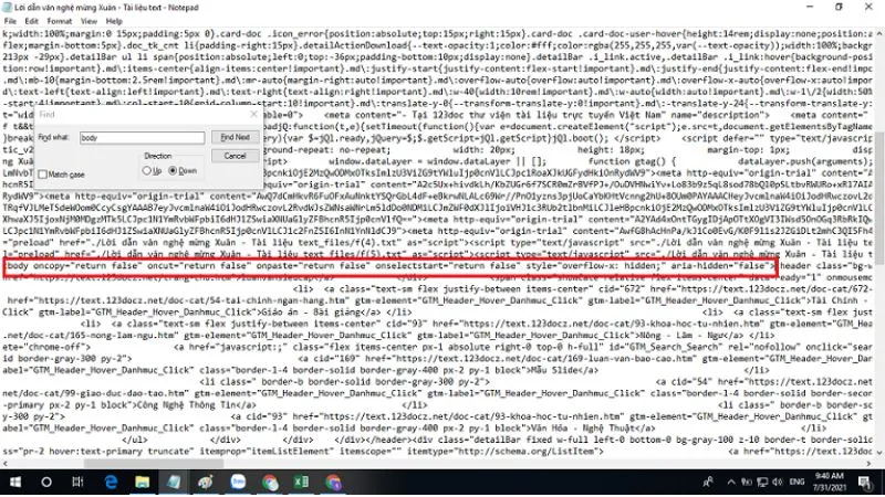 Giao diện Notepad với hộp thoại &quot;Tìm kiếm&quot; (Ctrl+F) và từ khóa &quot;blob&quot; để xác định đoạn code cần xóa trong tài liệu 123doc