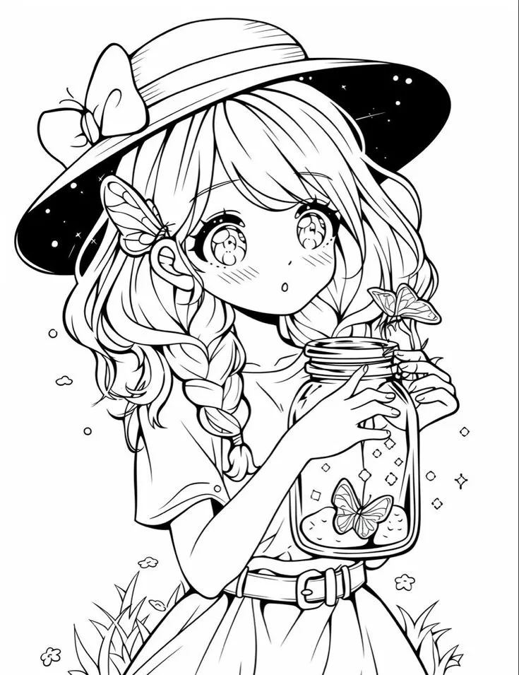 Tranh tô màu cô gái phong cách chibi đang bắt bướm trên đồng cỏ
