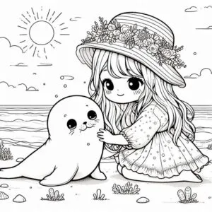 Tranh tô màu cô gái chibi đi biển vui vẻ với mũ và túi xách