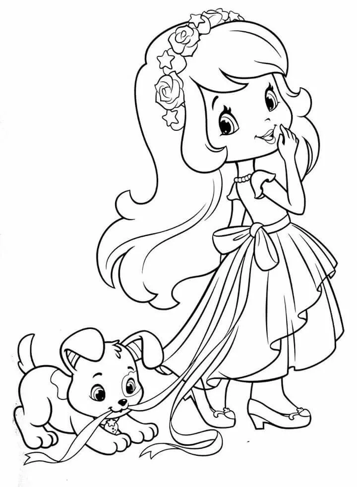 Tranh tô màu bé gái chibi vui đùa cùng chú chó con