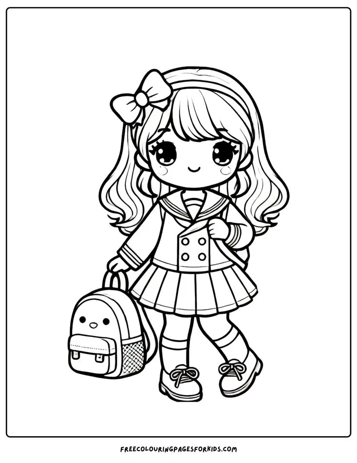 Tranh tô màu cô gái chibi đi học với cặp sách và nơ xinh