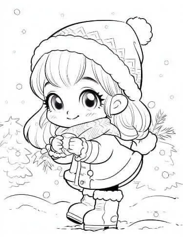 Tranh tô màu cô gái chibi trong trang phục mùa đông ấm áp