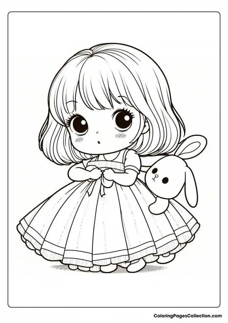Tranh tô màu cô gái chibi tóc ngắn diện váy dễ thương