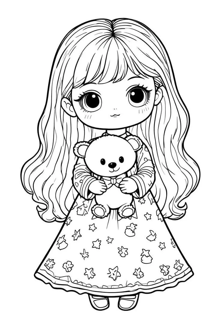Tranh tô màu cô gái chibi ôm gấu bông đáng yêu, thiết kế đơn giản