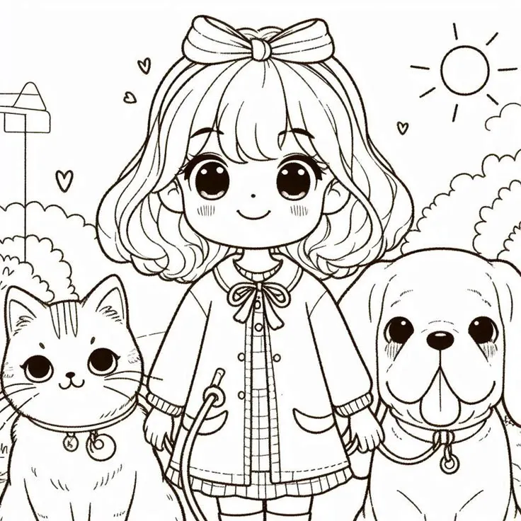 Tranh tô màu cô gái chibi và thú cưng thân thiết