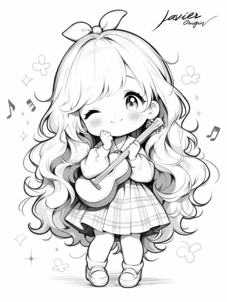 Tranh tô màu cô gái chibi hóa thân thành ca sĩ trên sân khấu