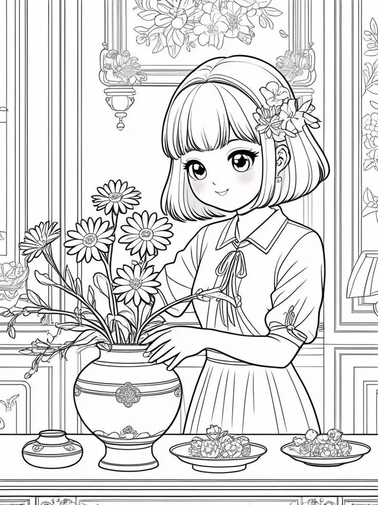 Tranh tô màu cô gái chibi khéo léo cắm hoa tươi
