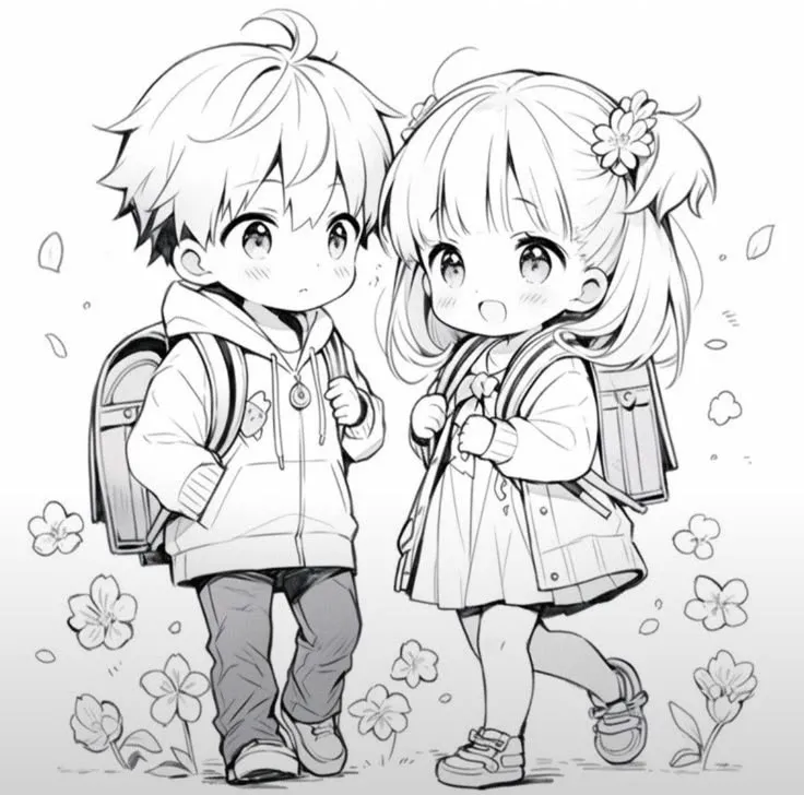 Tranh tô màu cặp đôi chibi học sinh cùng nhau đến trường