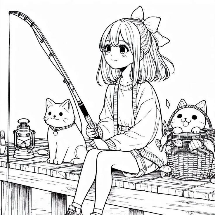 Tranh tô màu cô gái chibi câu cá bên hồ nước yên bình