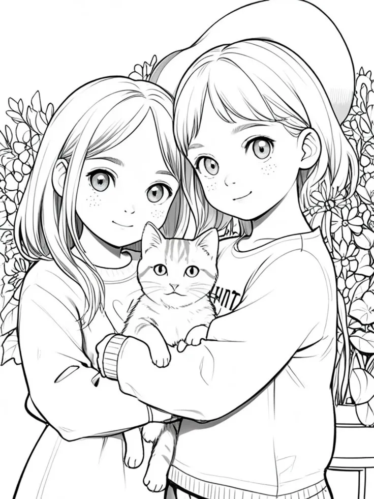 Tranh tô màu hai chị em gái chibi siêu dễ thương và gắn bó