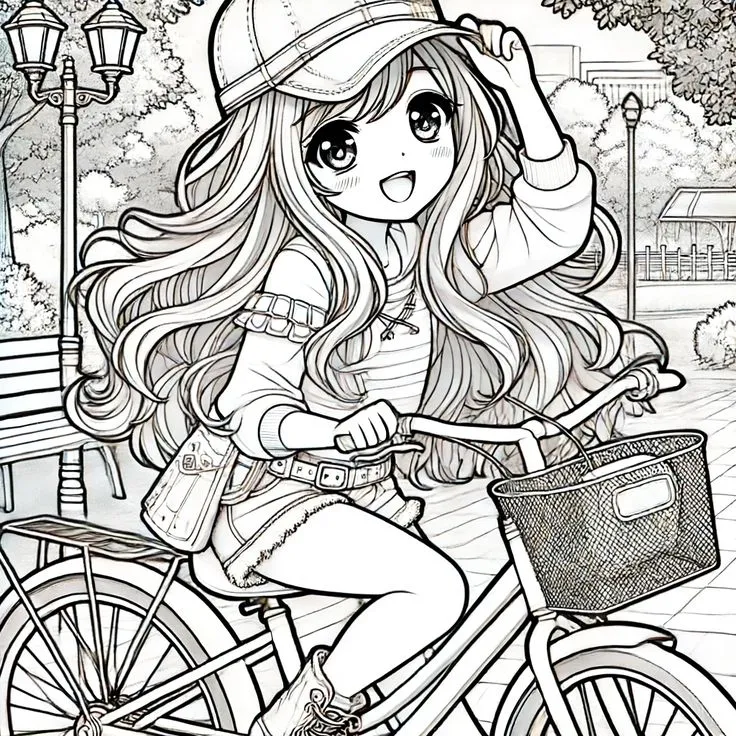 Tranh tô màu cô gái chibi đạp xe dạo chơi vui vẻ