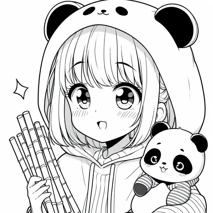Tranh tô màu cô gái chibi với gấu trúc gây ấn tượng mạnh