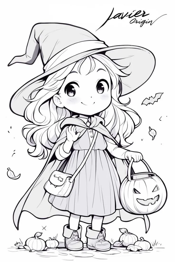 Tranh tô màu cô gái chibi trong bộ trang phục Halloween độc đáo