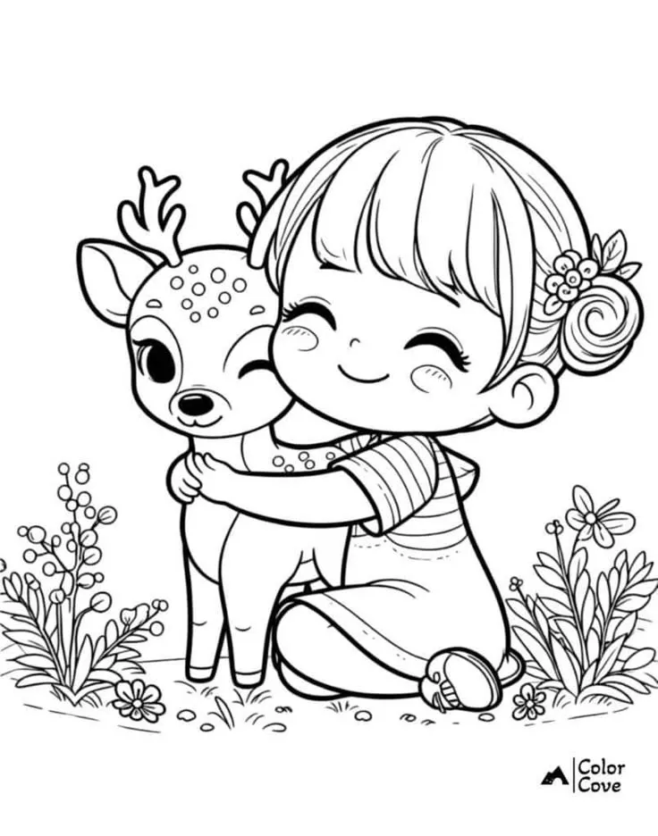 Tranh tô màu cô gái và hươu con đáng yêu