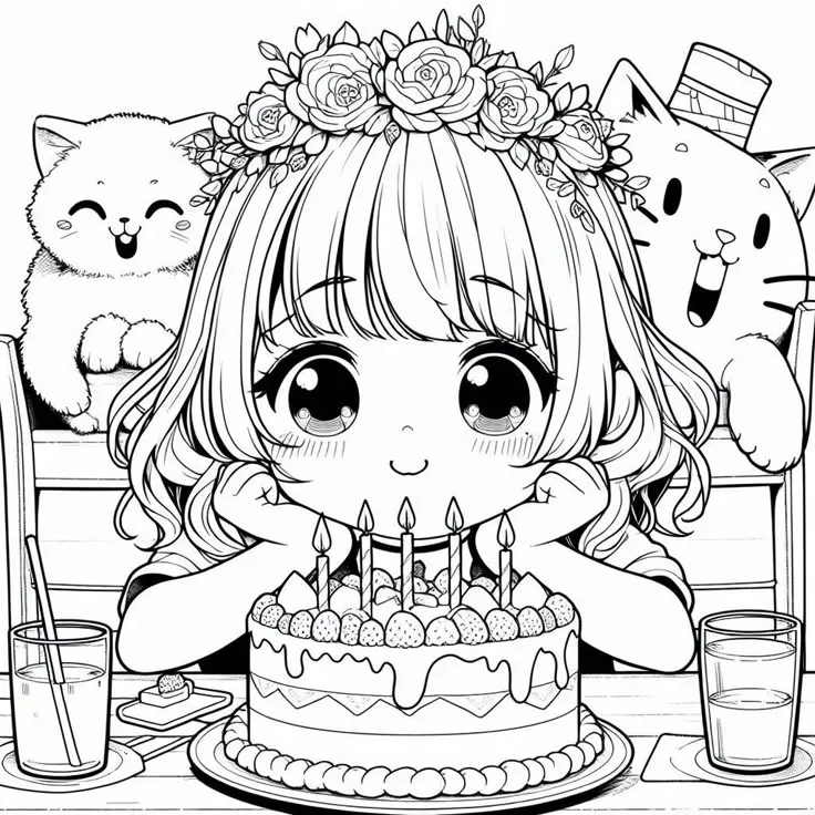 Tranh tô màu cô gái chibi mừng sinh nhật với bánh và quà