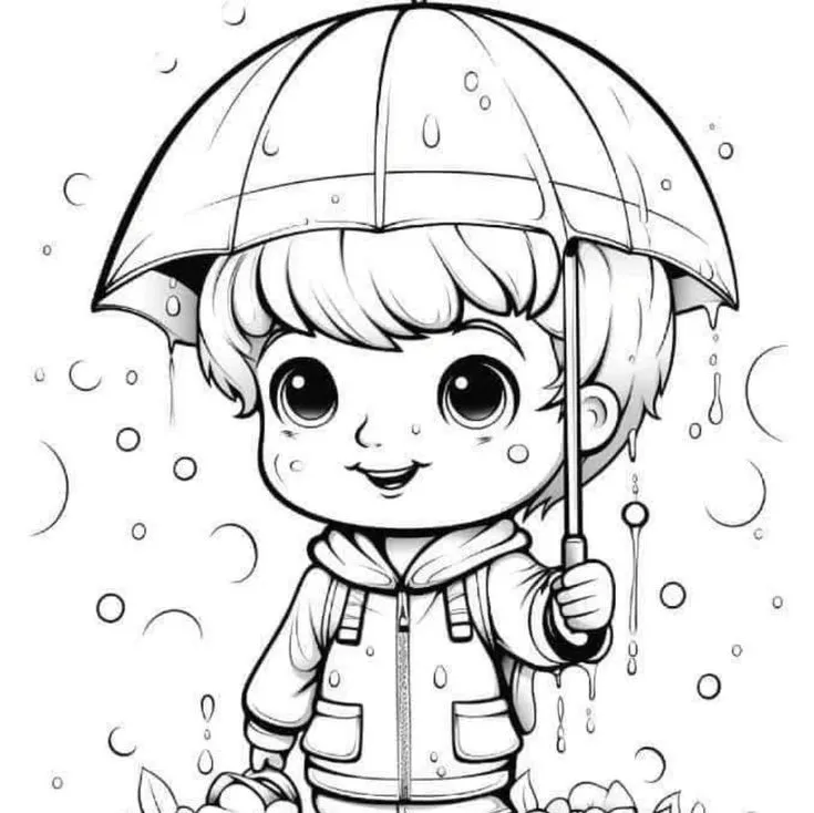 Tranh tô màu cậu bé chibi dưới trời mưa lãng mạn