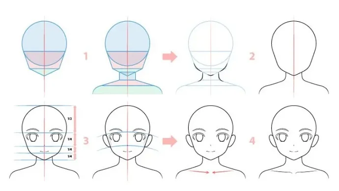 Minh họa các hình khối cơ bản dùng để phác thảo nhân vật anime, nền tảng quan trọng trước khi đi vào tô màu chi tiết, giúp định hình tranh tô màu anime.