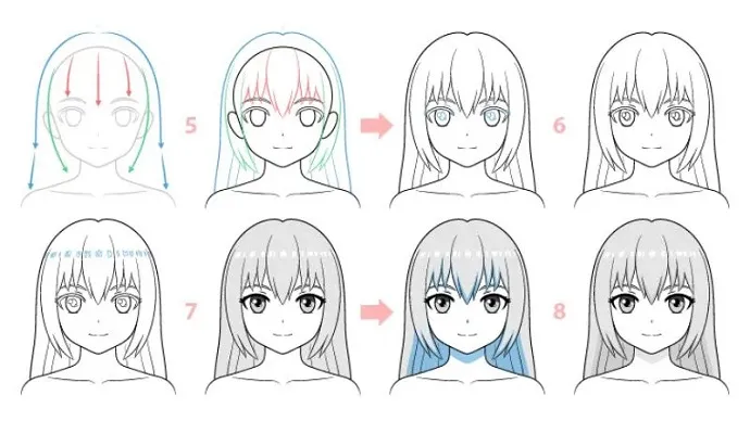 Hình ảnh chi tiết các bước thêm mắt, mũi, miệng và trang phục cho nhân vật anime, chuẩn bị cho quá trình tô màu để tạo nên bức tranh hoàn chỉnh.