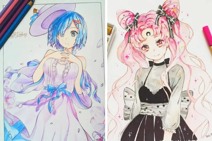 Minh họa cách tô màu nước cho nhân vật anime, tạo hiệu ứng mềm mại và sống động, một kỹ thuật quan trọng để có tranh tô màu anime đẹp mắt.