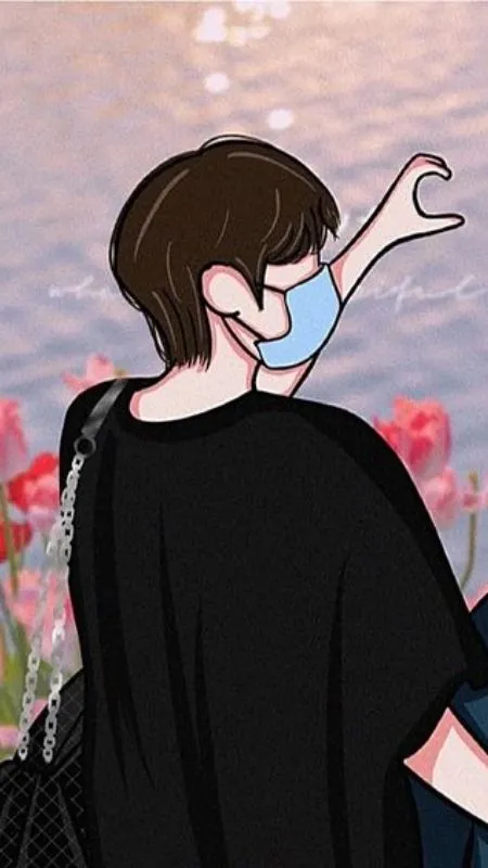 Ảnh avatar cặp đôi hoạt hình với hoa tulip hồng dành cho chàng