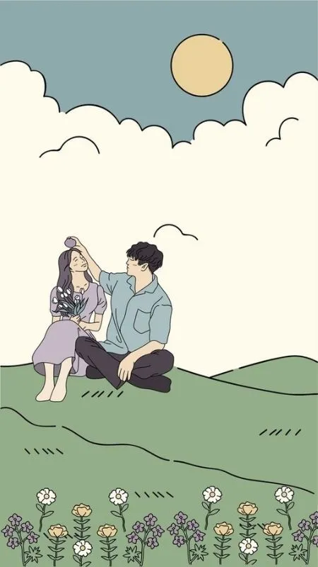 Cặp đôi hoạt hình chill cùng nhau trên cánh đồng hoa cùng hoàng hôn