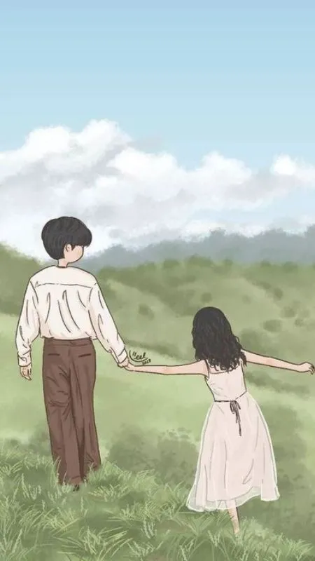 Ảnh Anime khi cặp đôi đang dạo chơi trên cánh đồng
