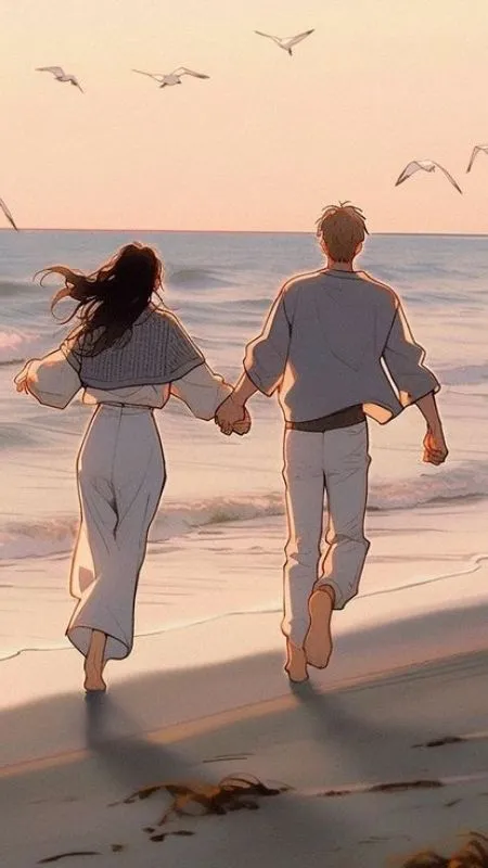 Nét vẽ Anime dành cho chàng và nàng nắm tay nhau chạy trên bãi biển