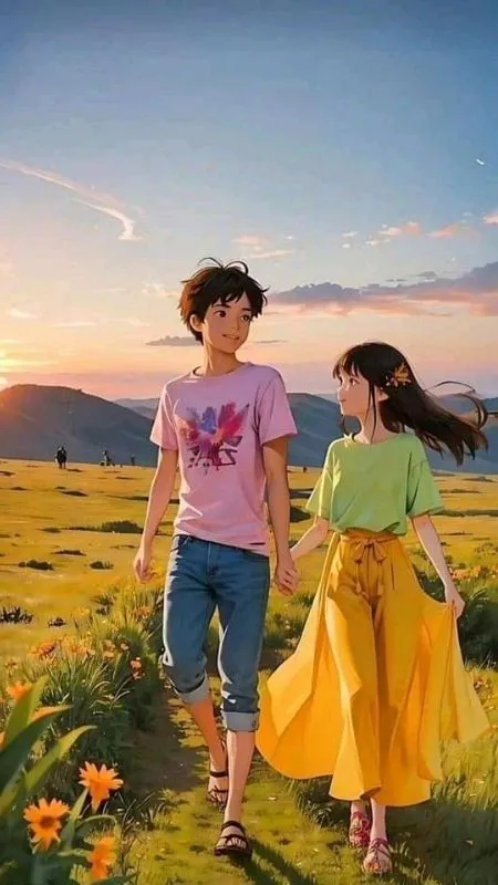 Cặp đôi Anime cùng nắm tay nhau trên cánh đồng vàng rực