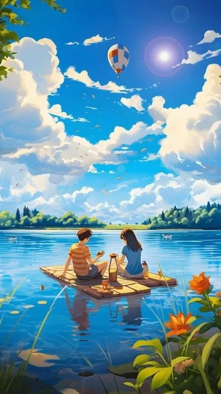 Cặp đôi Anime cùng chèo bè ra giữa hồ nước cùng bầu trời trong xanh
