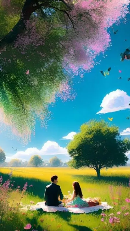 Một buổi hoàng hôn picnic lãng mạn của cặp đôi Anime trên bãi cỏ