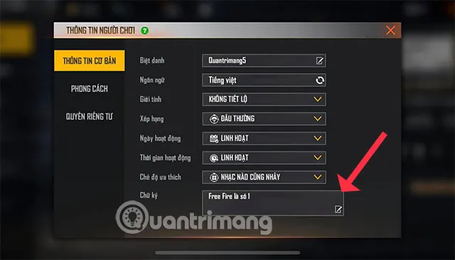 Chọn mục Chữ ký trong Free Fire để thay đổi màu chữ